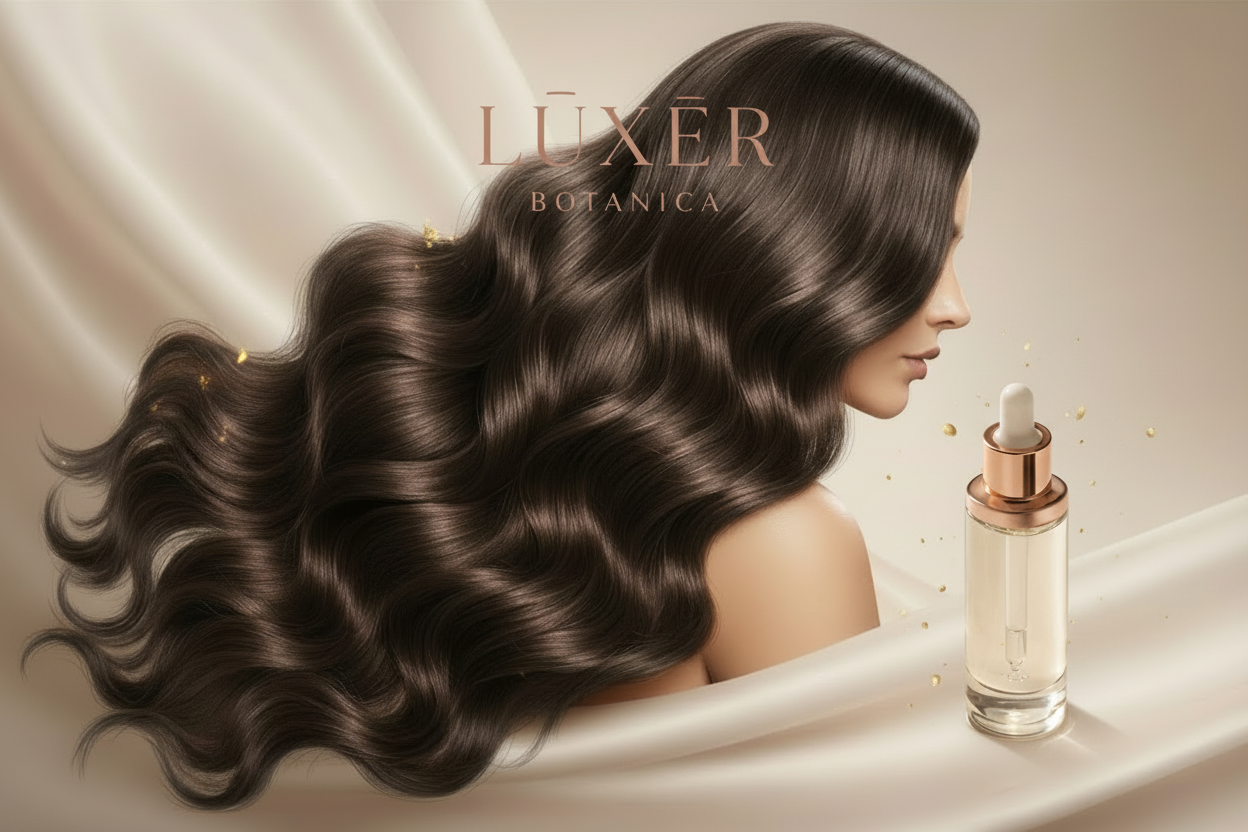Hero image with LŪXĒR serum bottle and chocolate brown hair
